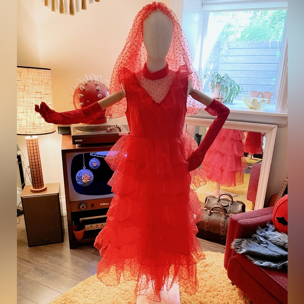 Lydia Halloween Costume Red Ruffled Gown with Veil and Gloves Size Small